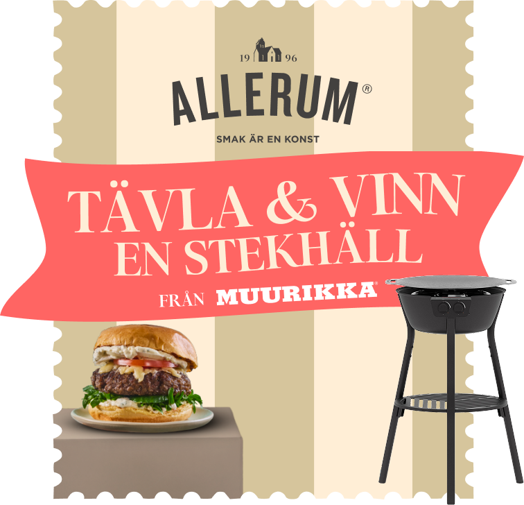 Tävlingsbanner för Allerum: Tävla och vinn en stekhäll från Muurikka värd 3 995 kr – med en saftig ostburgare och stekhällen som illustration