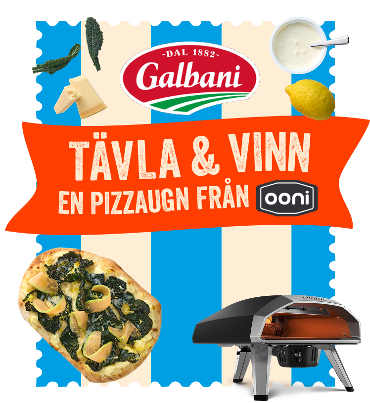 Tävlingsbanner för Galbani: Tävla och vinn en pizzaugn från Ooni värd 4 990 kr – med en grönsakstopping-pizza och ostar som illustration