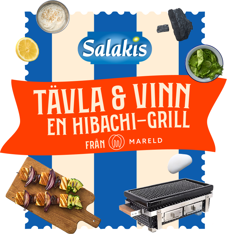 Tävlingsbanner för Salakis: Tävla och vinn en hibachi-grill från Mareld värd 1 990 kr – med grillad halloumi, tzatziki och grönsaker som dekoration