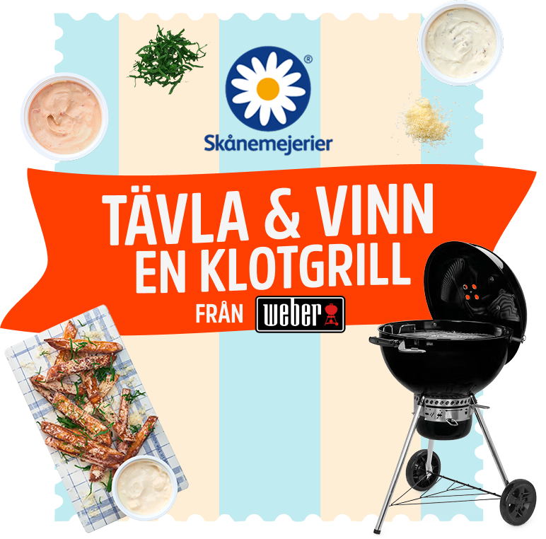 Tävlingsbanner för Skånemejerier: Tävla och vinn en klotgrill från Weber värd 3 999 kr – med grillat kött, dippar och kryddor som dekoration